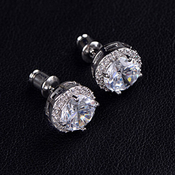 925 Silver Plated Crystal Halo Stud Earrings - Picture 6 of 8
